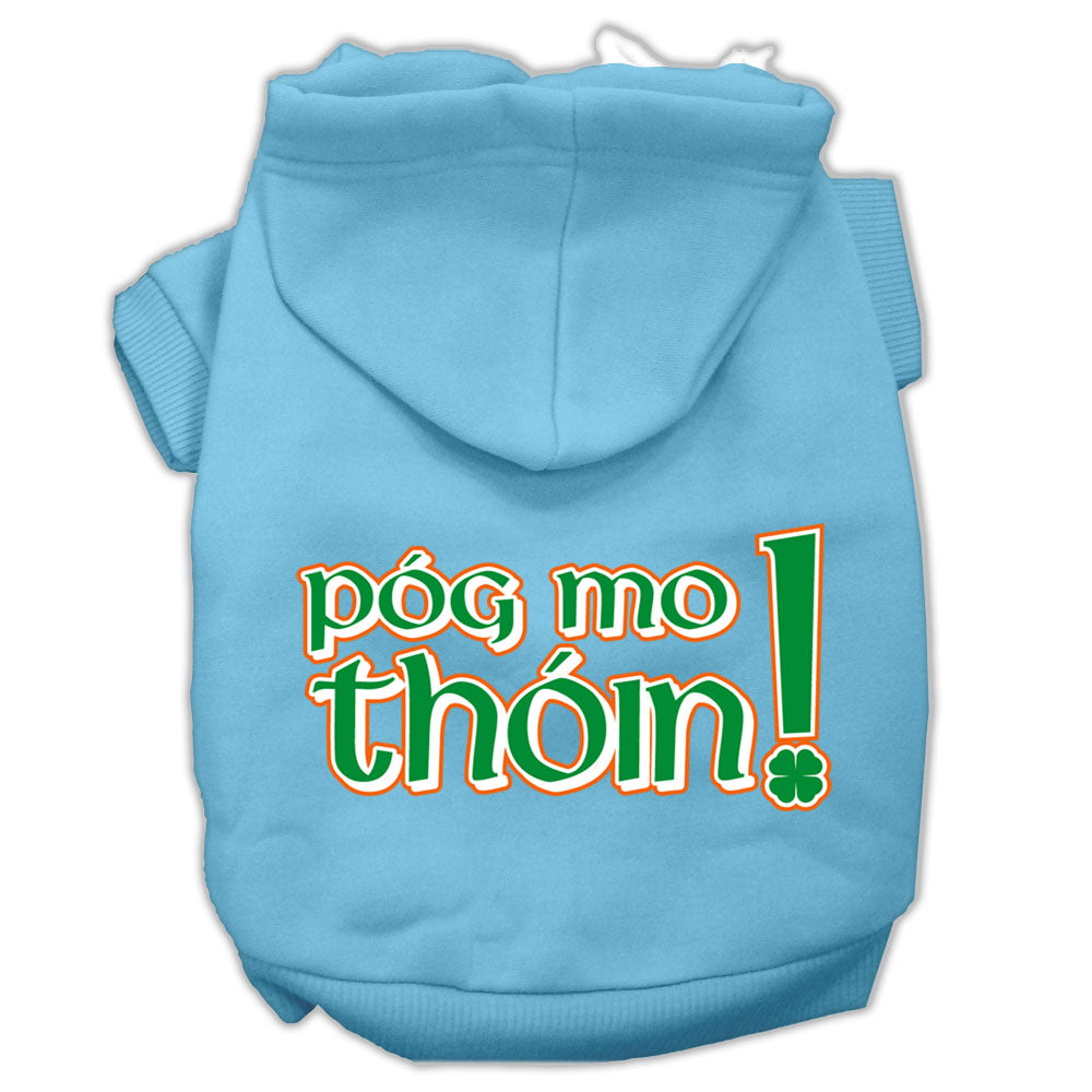 A cozy pet hoodie for dogs and cats featuring the phrase 'Pog Mo Thoin!' in a stylish print, designed for comfort and durability.