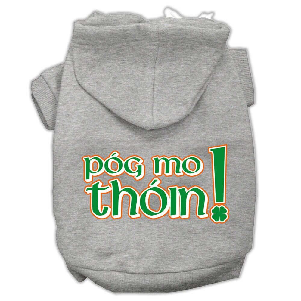 A cozy pet hoodie for dogs and cats featuring the phrase 'Pog Mo Thoin!' in a stylish print, designed for comfort and durability.