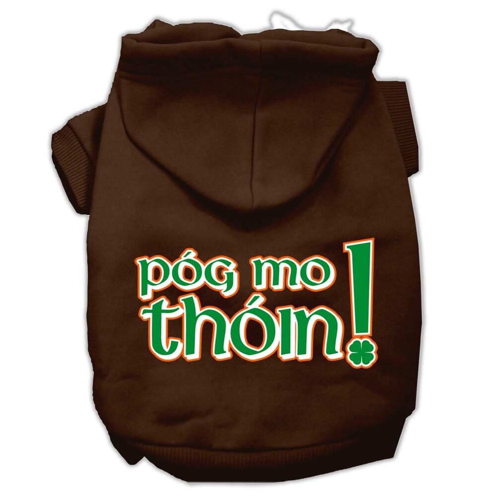 A cozy pet hoodie for dogs and cats featuring the phrase 'Pog Mo Thoin!' in a stylish print, designed for comfort and durability.