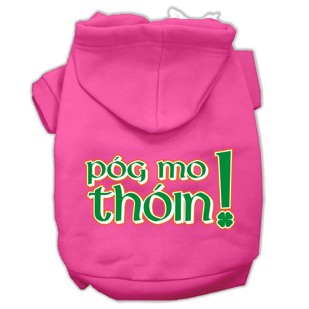 A cozy pet hoodie for dogs and cats featuring the phrase 'Pog Mo Thoin!' in a stylish print, designed for comfort and durability.
