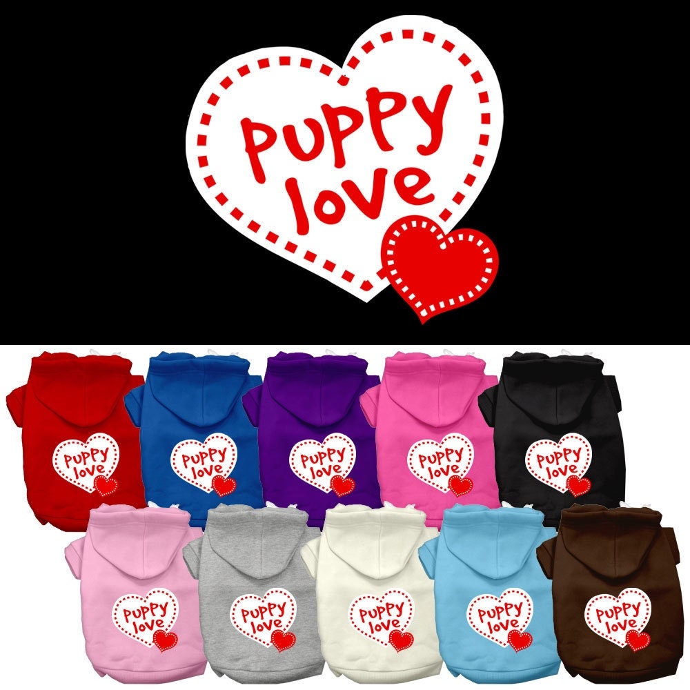 A cozy pet hoodie featuring the 'Puppy Love' design, suitable for dogs and cats, showcasing its soft fabric and convenient leash access hole.