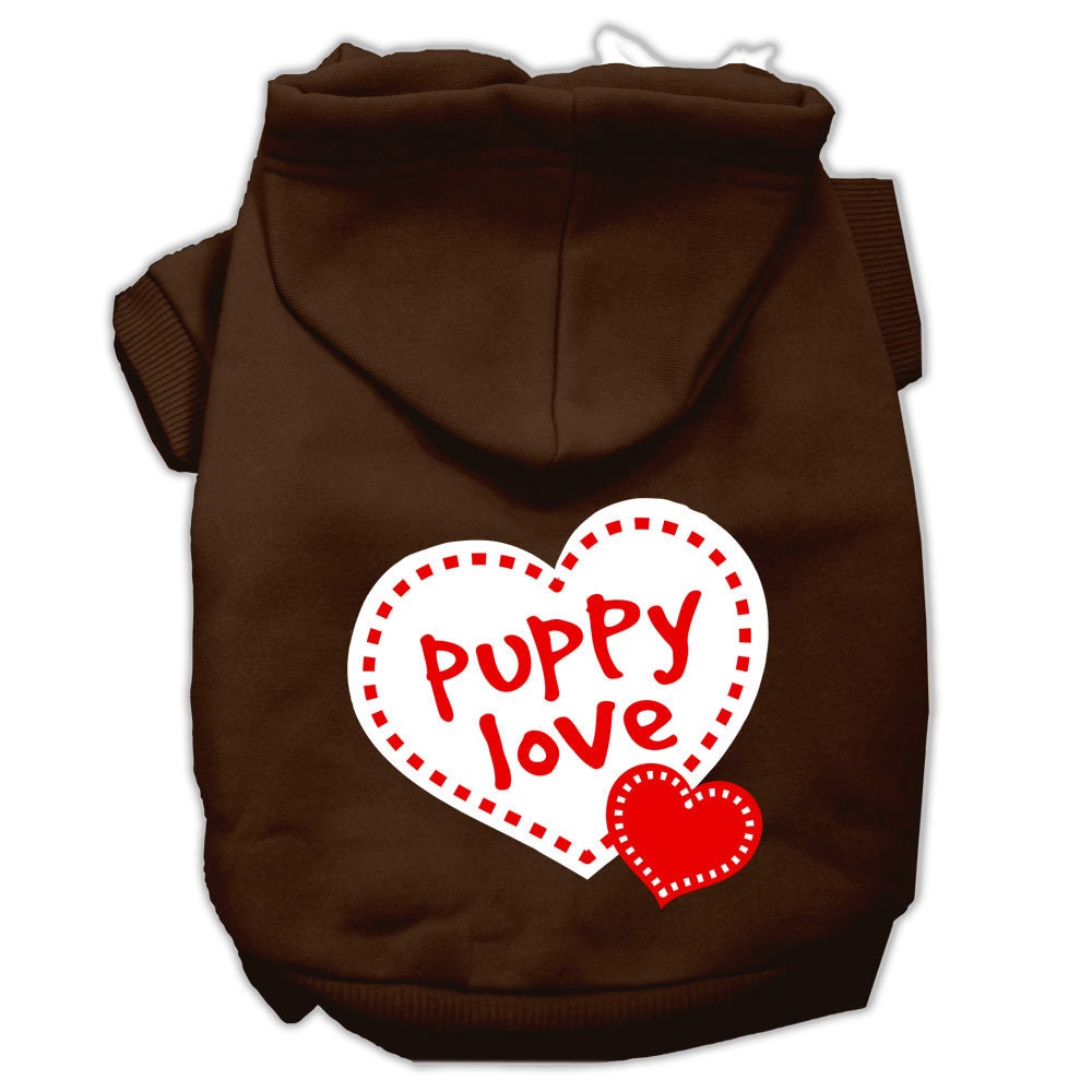 A cozy pet hoodie featuring the 'Puppy Love' design, suitable for dogs and cats, showcasing its soft fabric and convenient leash access hole.