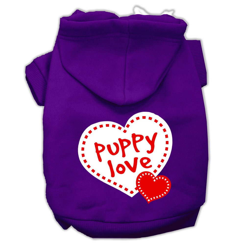 A cozy pet hoodie featuring the 'Puppy Love' design, suitable for dogs and cats, showcasing its soft fabric and convenient leash access hole.
