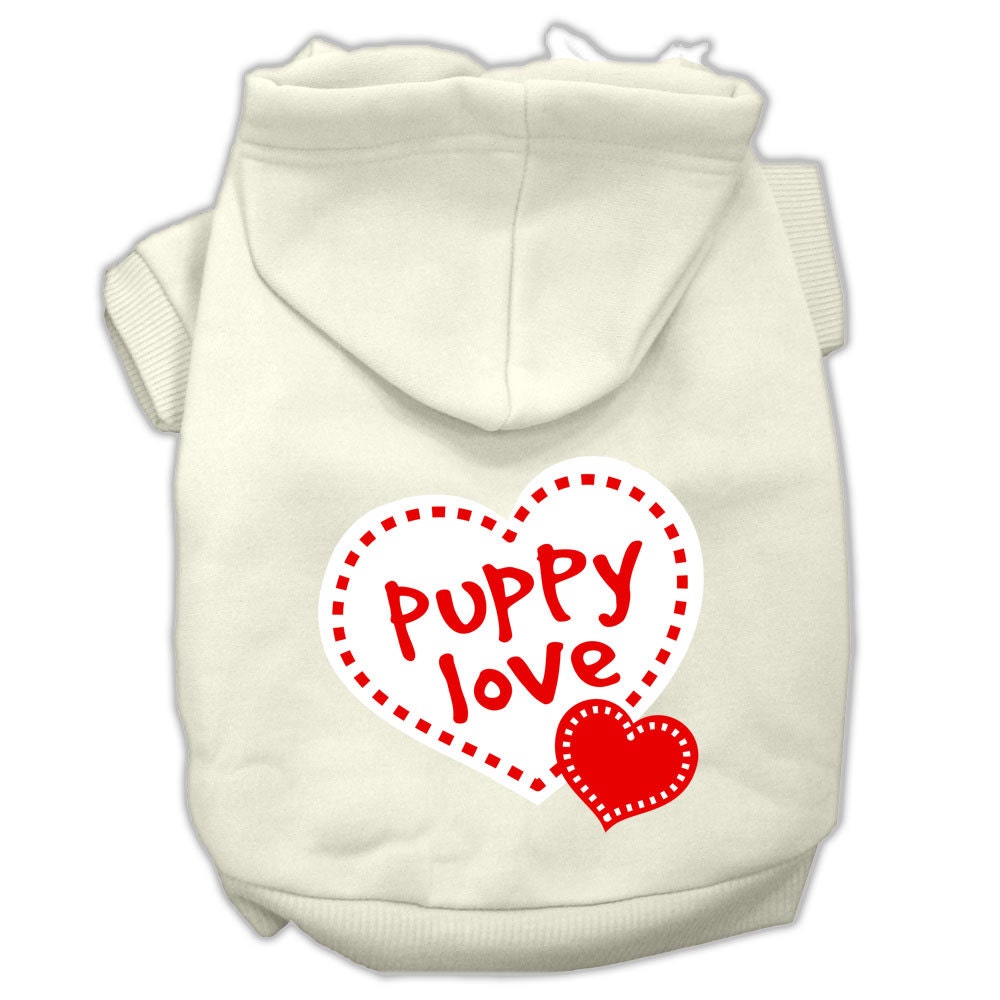 A cozy pet hoodie featuring the 'Puppy Love' design, suitable for dogs and cats, showcasing its soft fabric and convenient leash access hole.