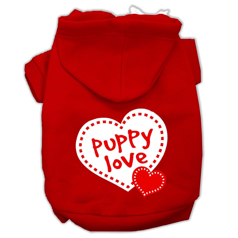A cozy pet hoodie featuring the 'Puppy Love' design, suitable for dogs and cats, showcasing its soft fabric and convenient leash access hole.
