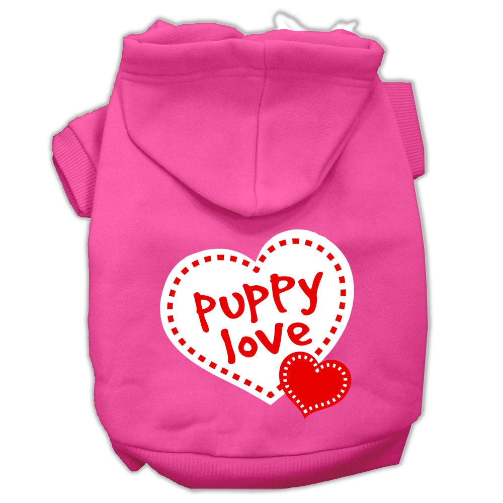 A cozy pet hoodie featuring the 'Puppy Love' design, suitable for dogs and cats, showcasing its soft fabric and convenient leash access hole.
