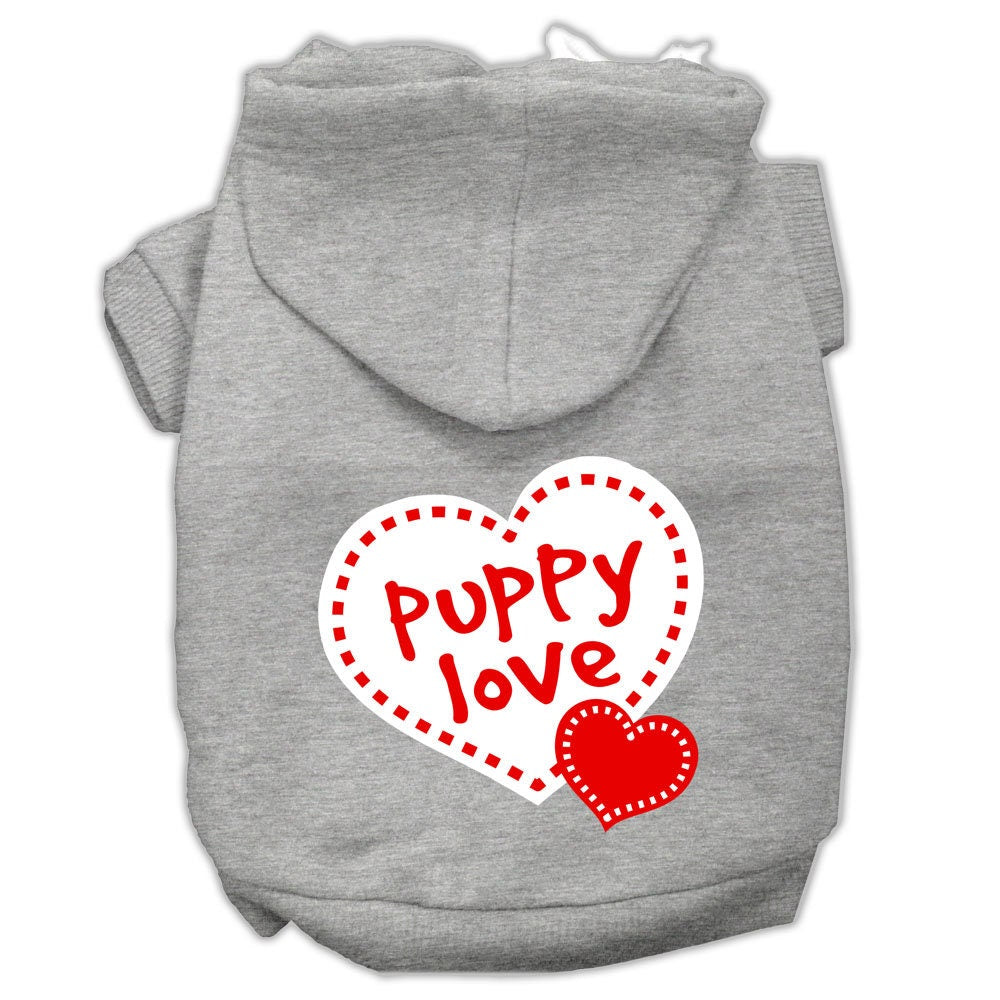 A cozy pet hoodie featuring the 'Puppy Love' design, suitable for dogs and cats, showcasing its soft fabric and convenient leash access hole.