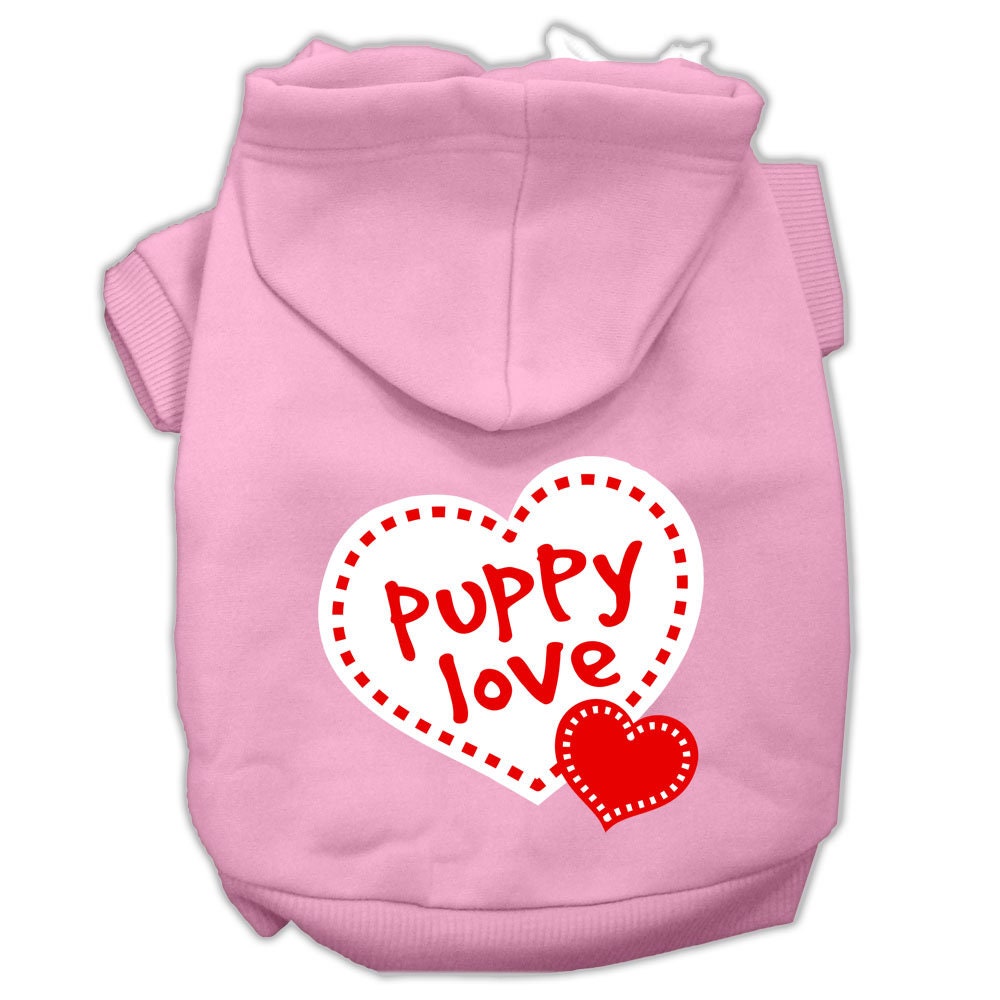 A cozy pet hoodie featuring the 'Puppy Love' design, suitable for dogs and cats, showcasing its soft fabric and convenient leash access hole.