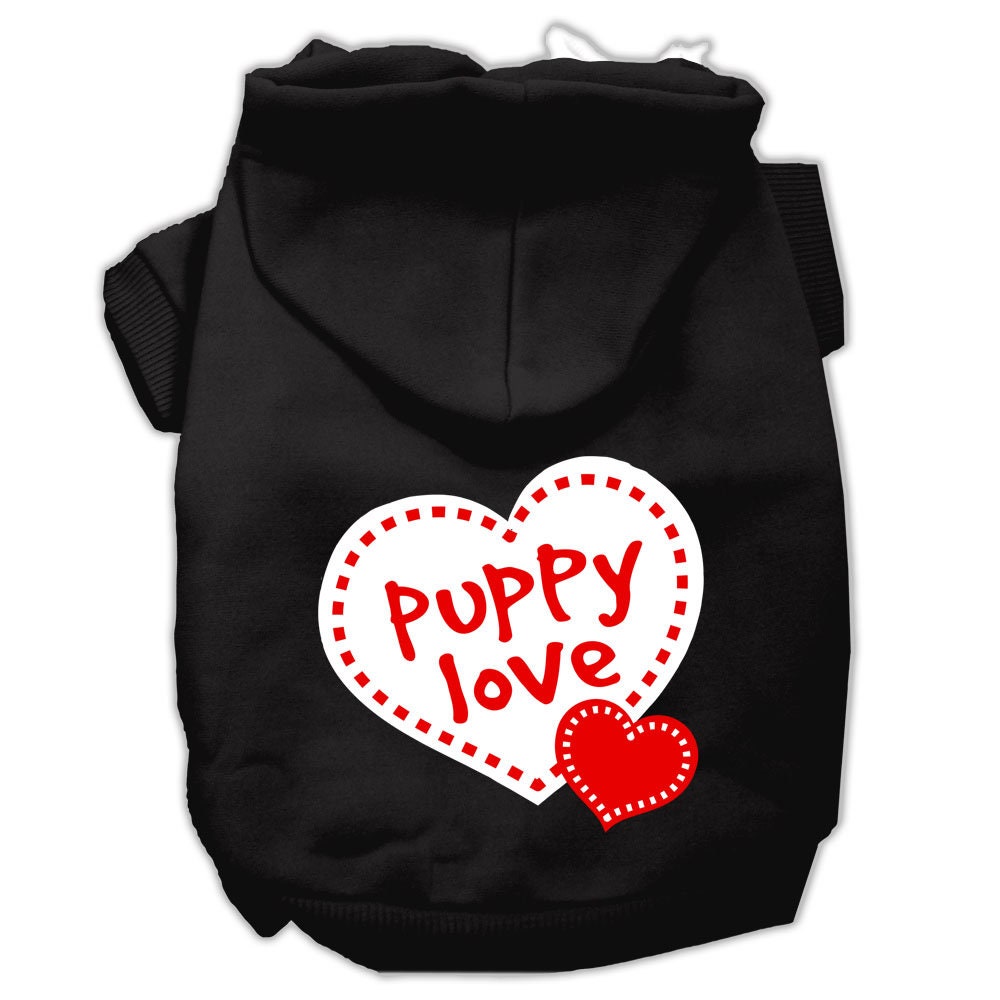 A cozy pet hoodie featuring the 'Puppy Love' design, suitable for dogs and cats, showcasing its soft fabric and convenient leash access hole.