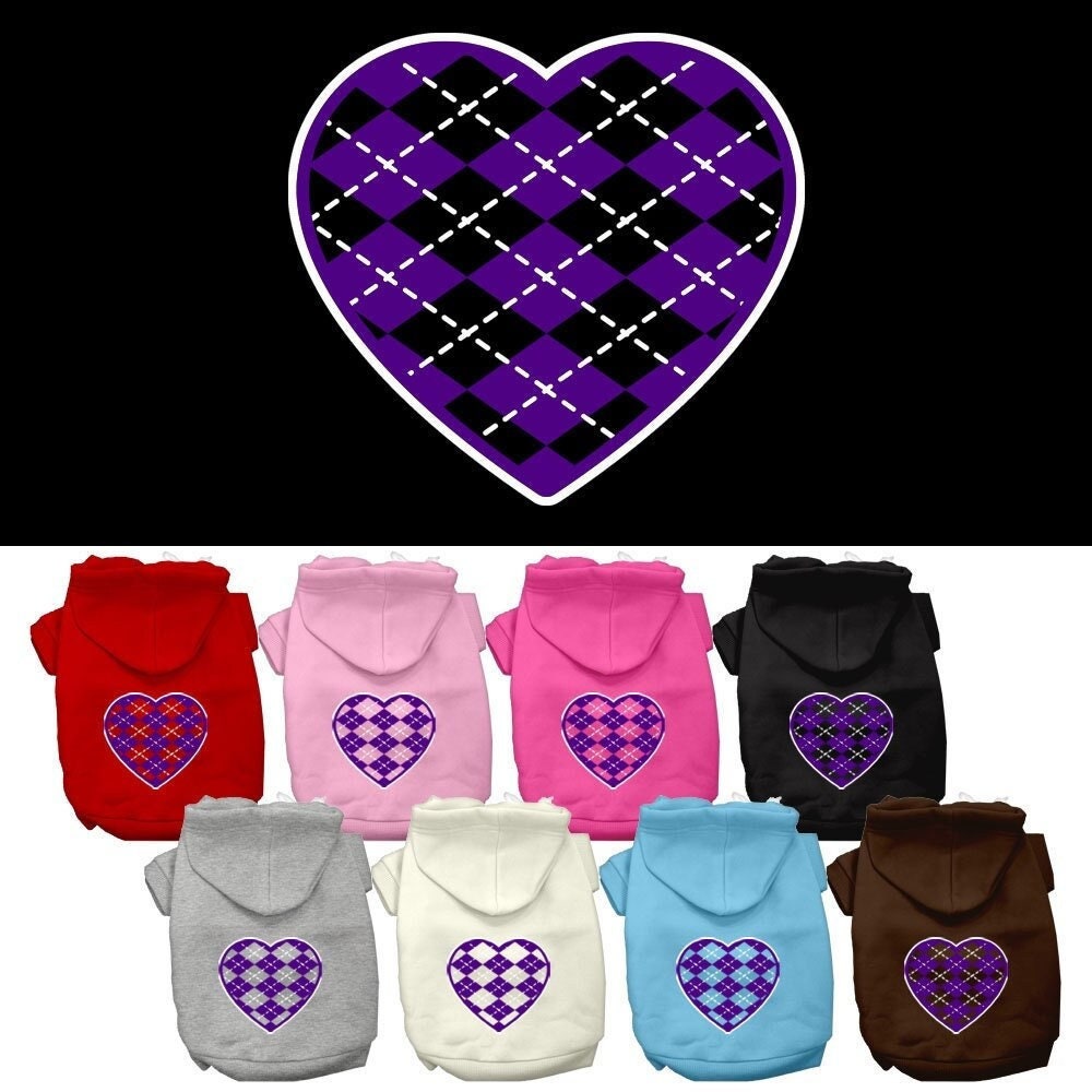 A cozy purple hoodie for dogs and cats featuring an argyle heart pattern, designed for comfort and style.