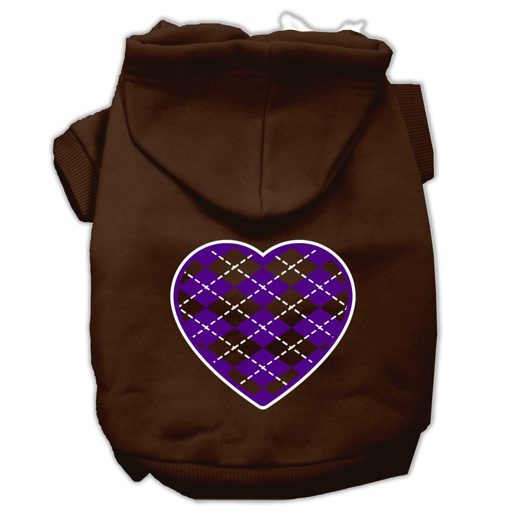 A cozy purple hoodie for dogs and cats featuring an argyle heart pattern, designed for comfort and style.