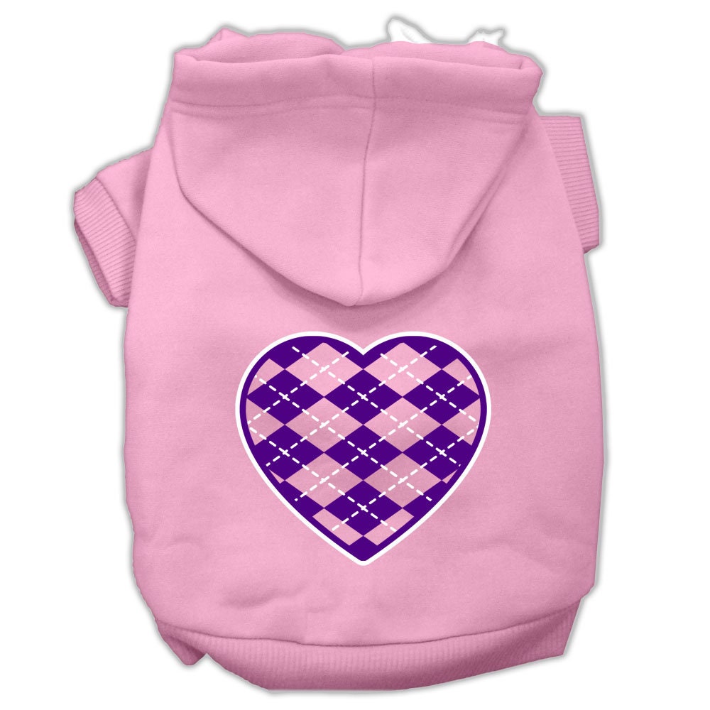 A cozy purple hoodie for dogs and cats featuring an argyle heart pattern, designed for comfort and style.