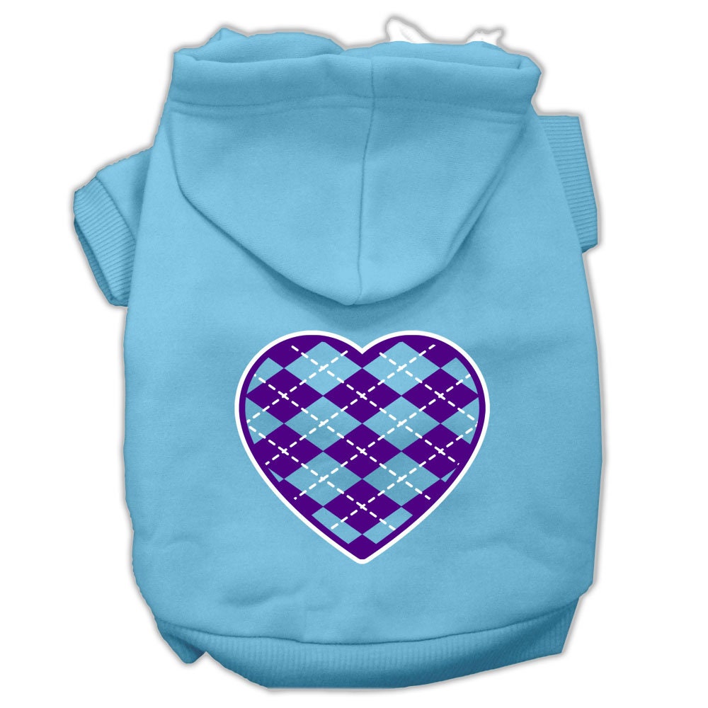 A cozy purple hoodie for dogs and cats featuring an argyle heart pattern, designed for comfort and style.