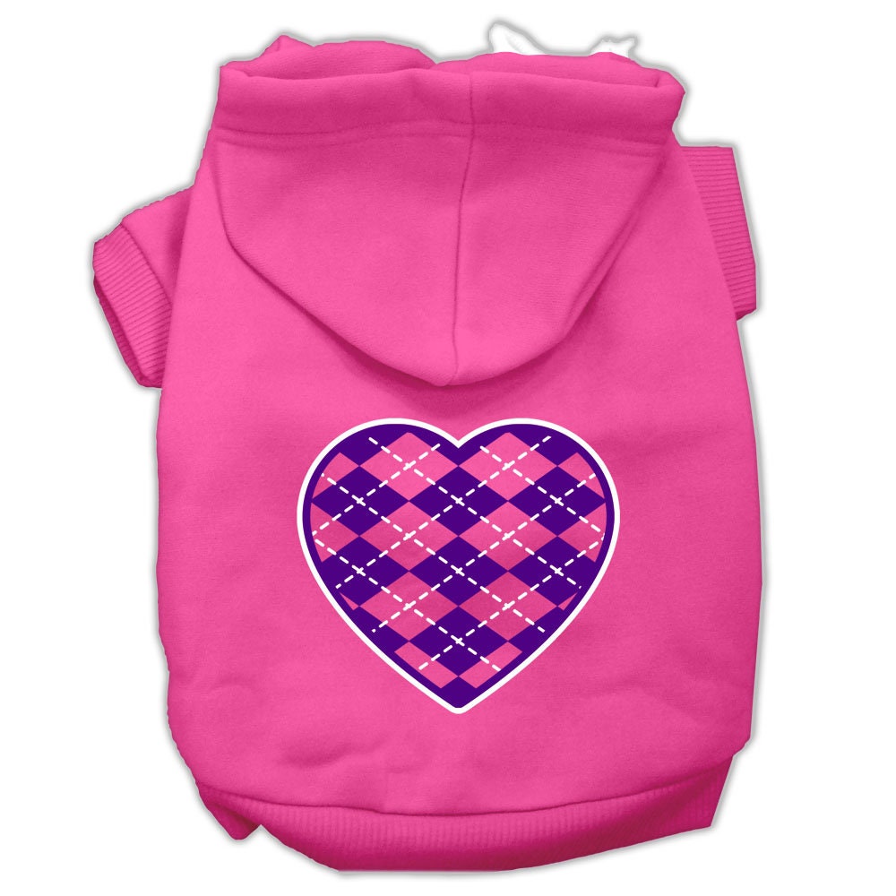 A cozy purple hoodie for dogs and cats featuring an argyle heart pattern, designed for comfort and style.