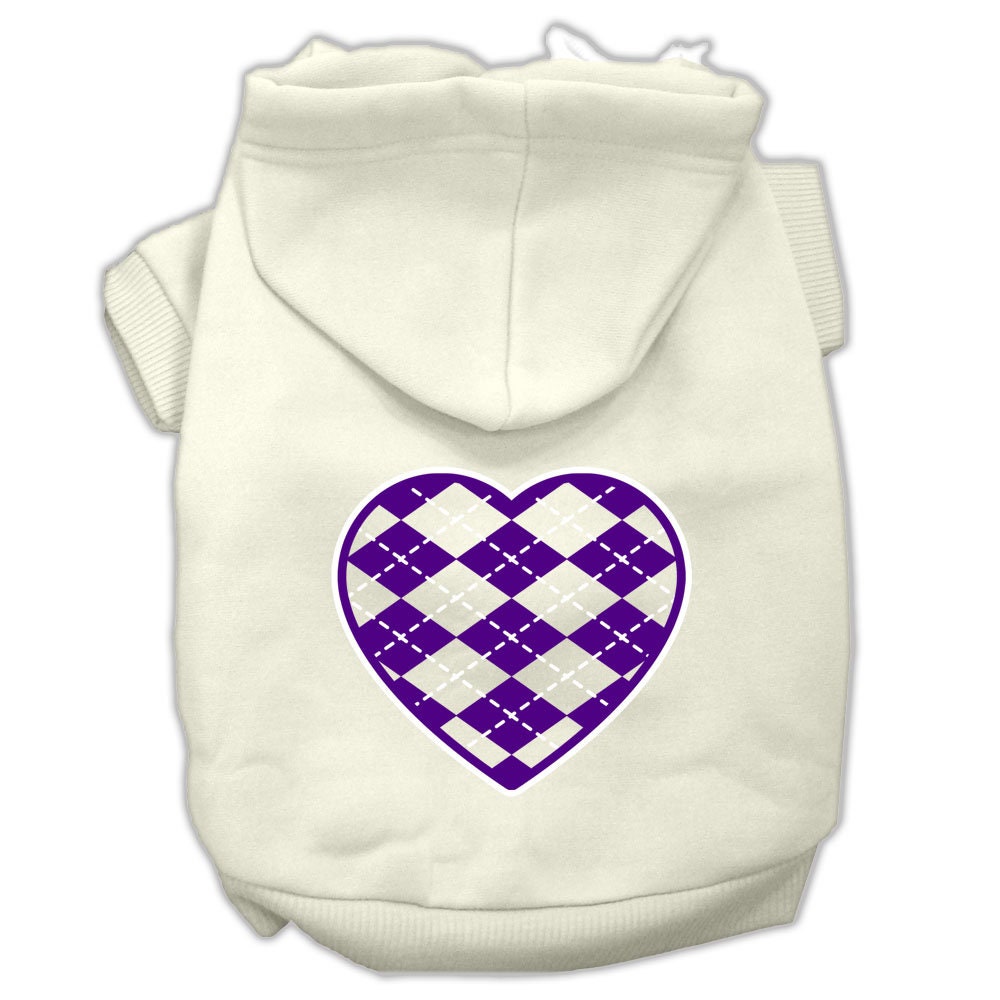A cozy purple hoodie for dogs and cats featuring an argyle heart pattern, designed for comfort and style.