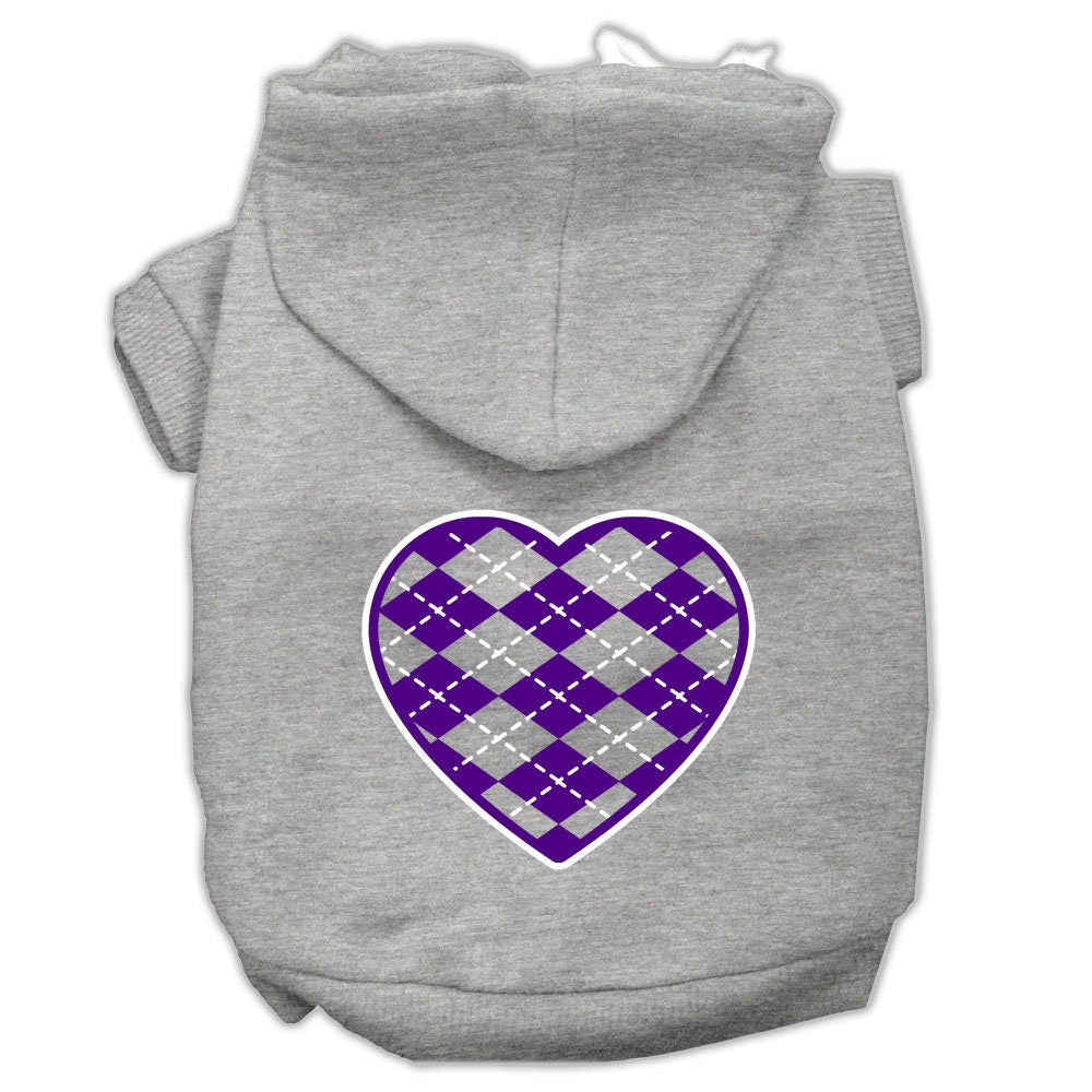 A cozy purple hoodie for dogs and cats featuring an argyle heart pattern, designed for comfort and style.