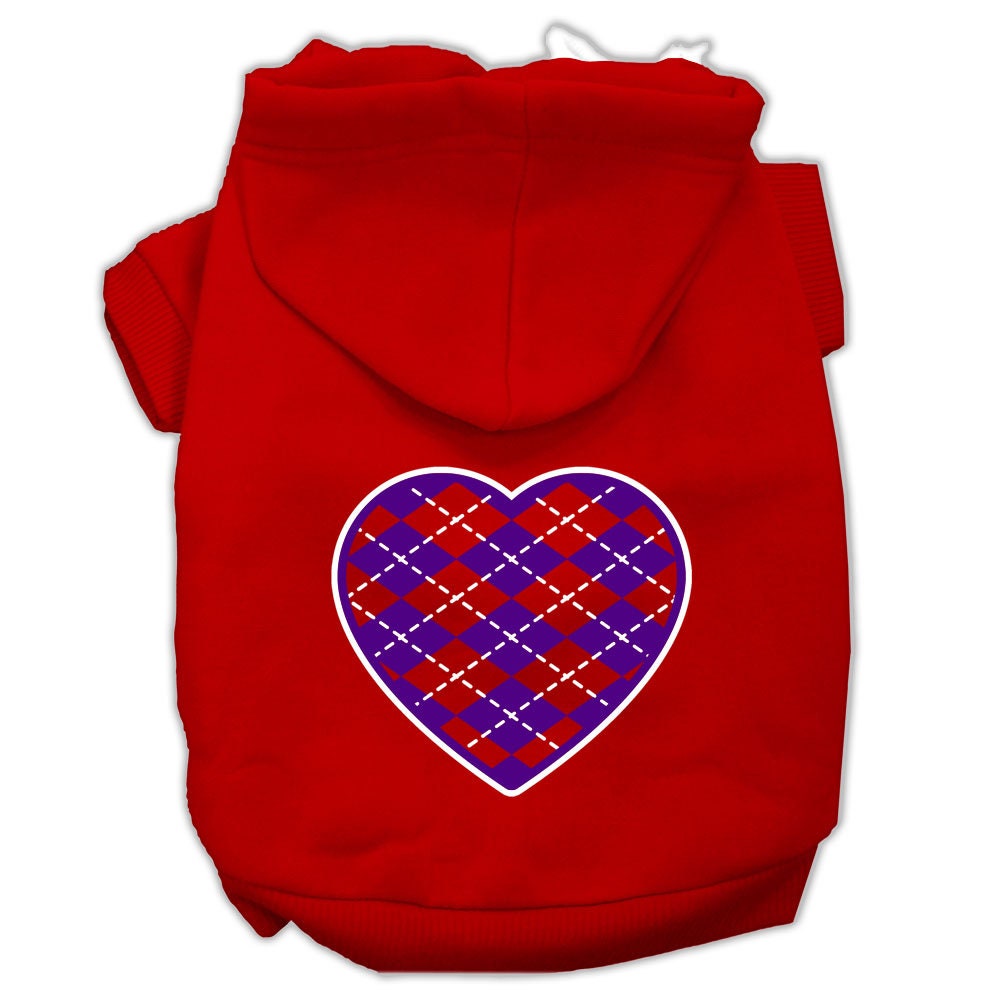 A cozy purple hoodie for dogs and cats featuring an argyle heart pattern, designed for comfort and style.