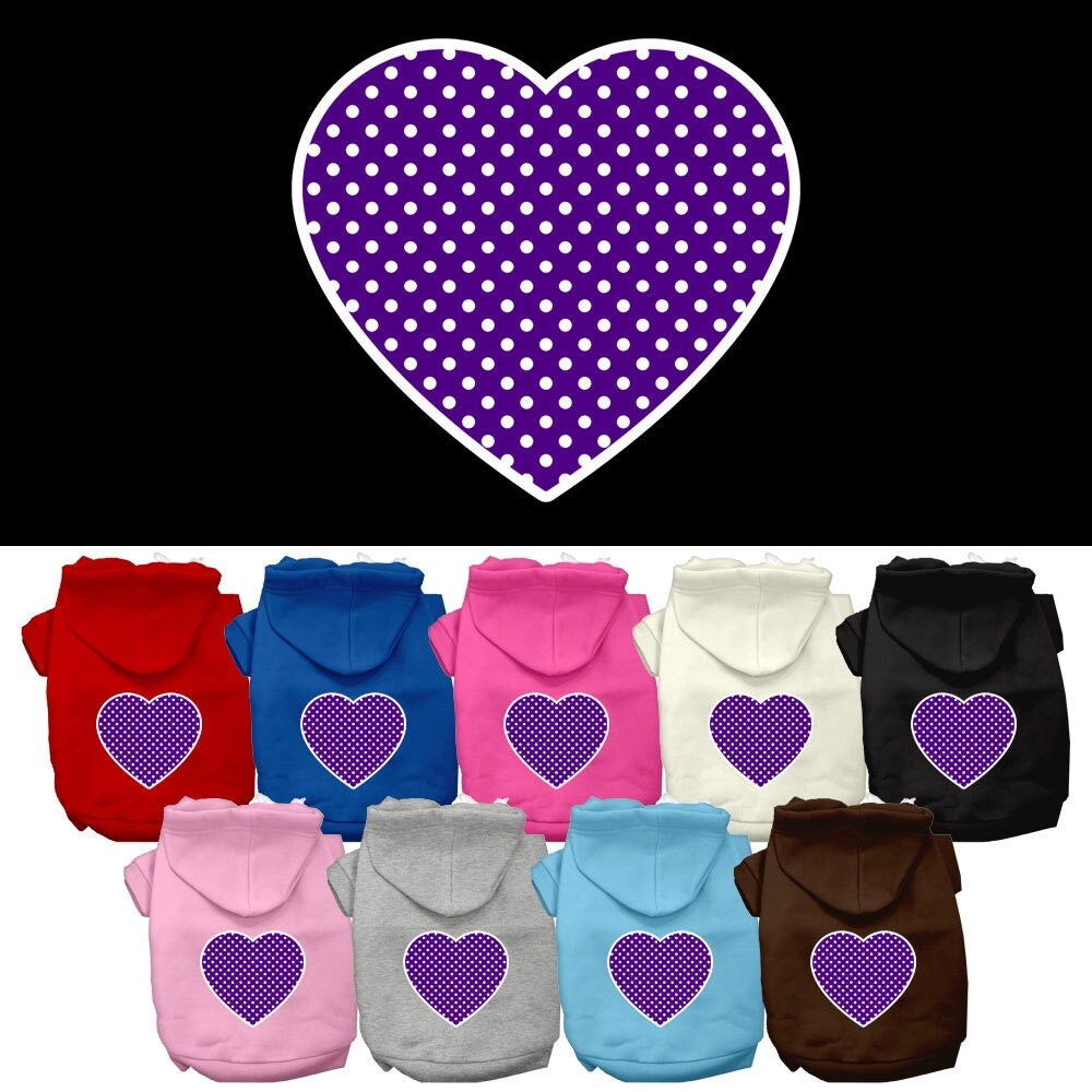 A cozy purple hoodie for dogs and cats featuring a swiss dots heart pattern, designed for comfort and style.