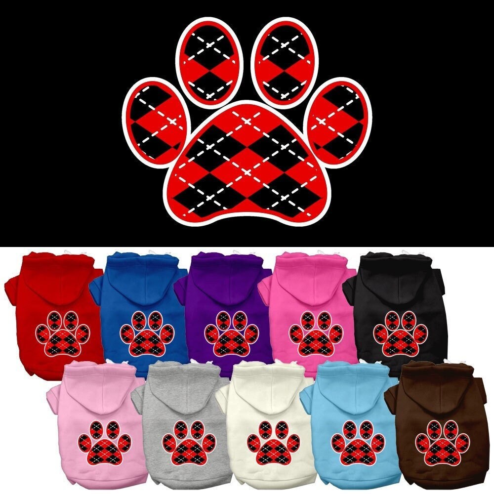 A cozy red argyle hoodie for dogs and cats, featuring a paw print design, perfect for stylish pet outings.