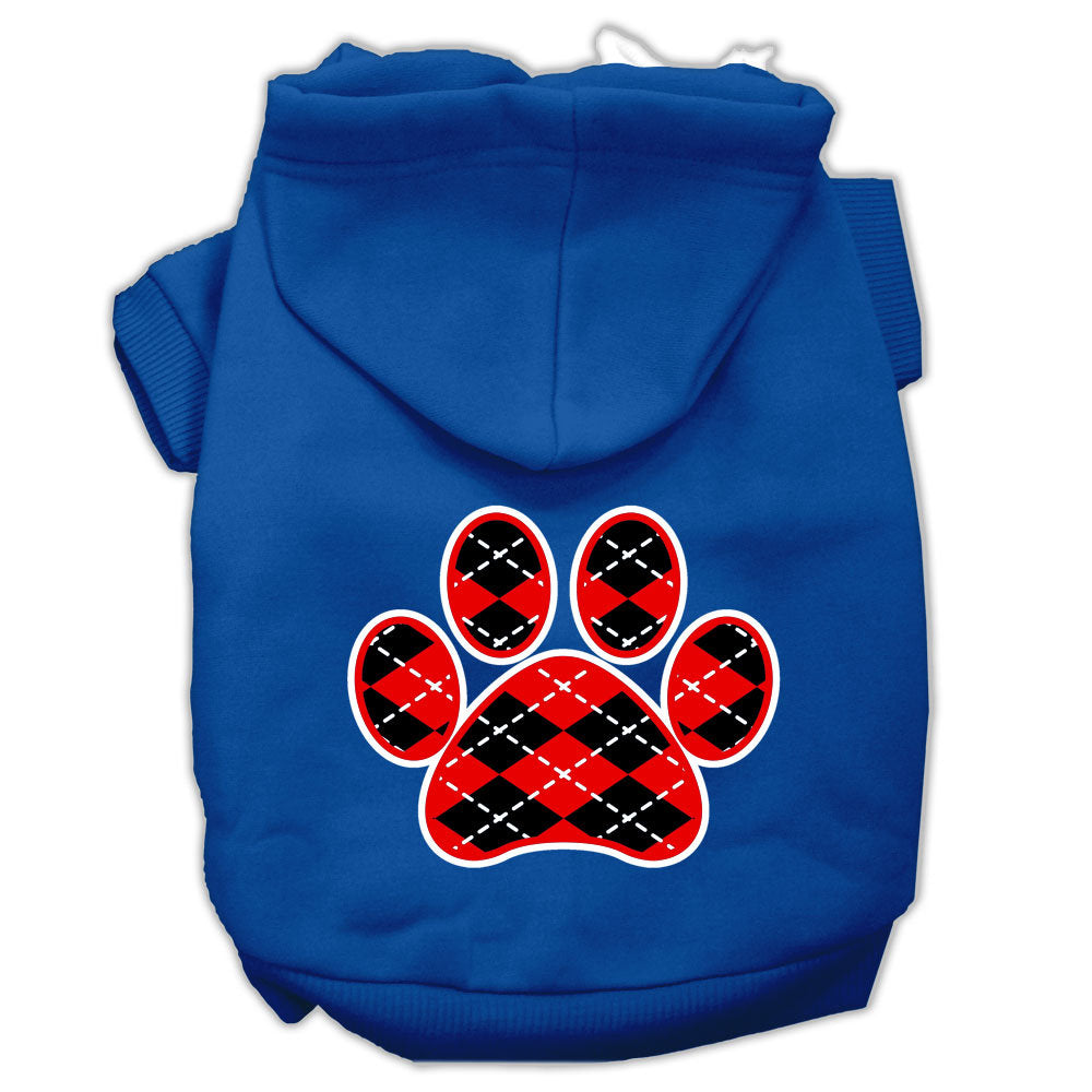 A cozy red argyle hoodie for dogs and cats, featuring a paw print design, perfect for stylish pet outings.