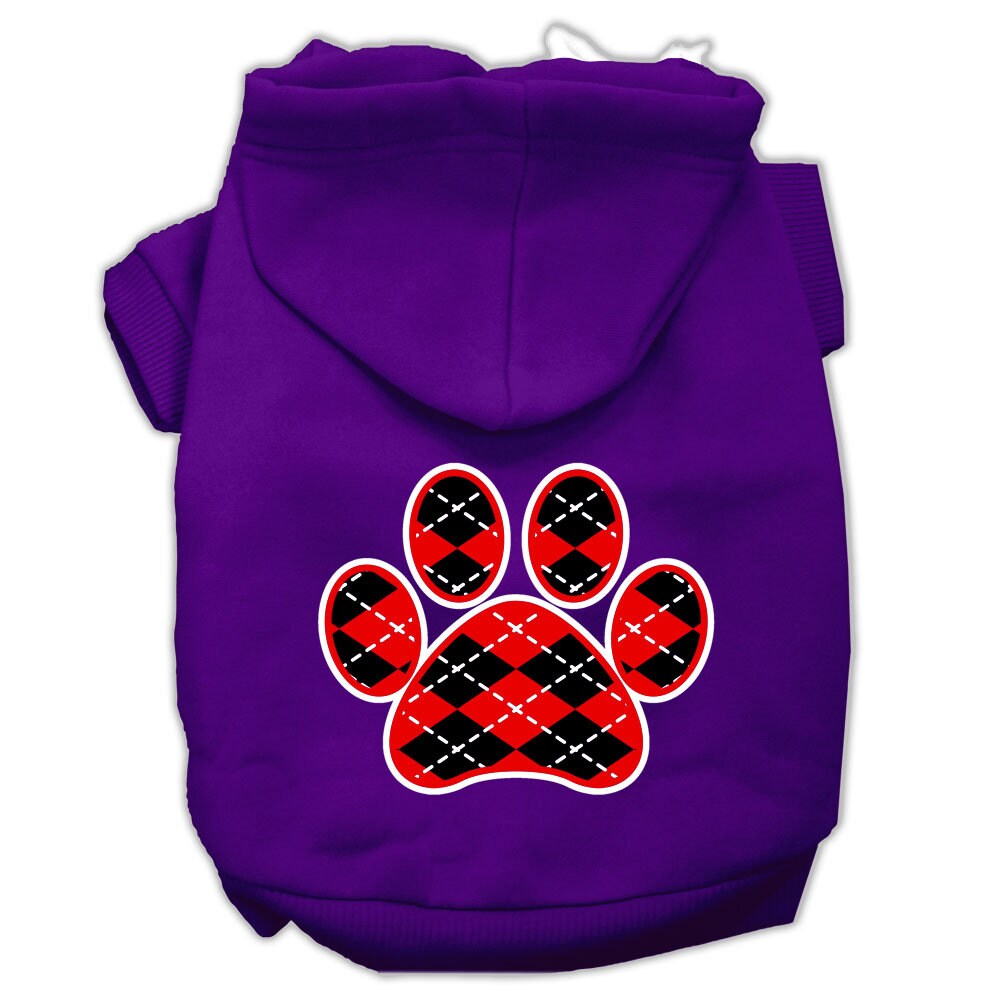 A cozy red argyle hoodie for dogs and cats, featuring a paw print design, perfect for stylish pet outings.