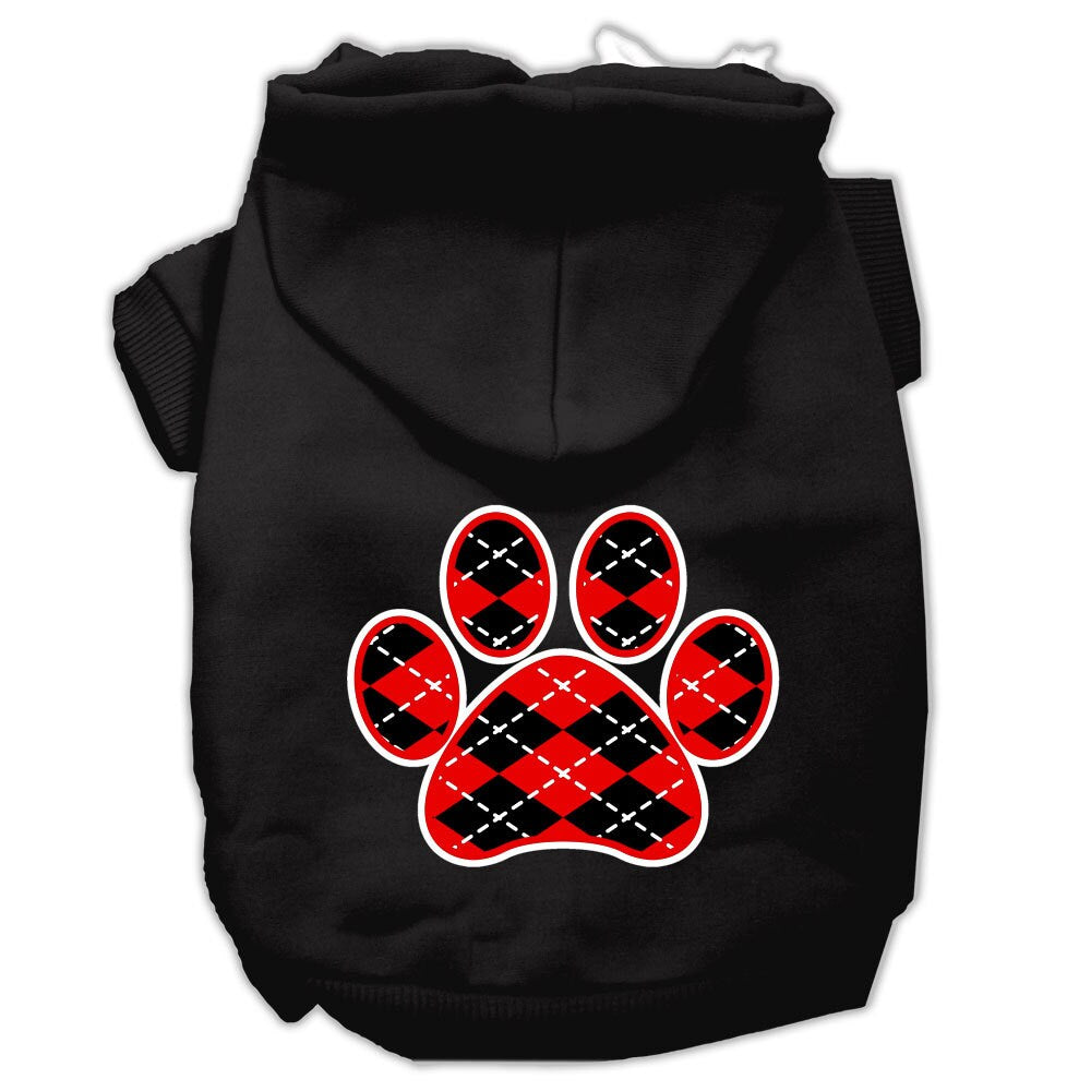 A cozy red argyle hoodie for dogs and cats, featuring a paw print design, perfect for stylish pet outings.