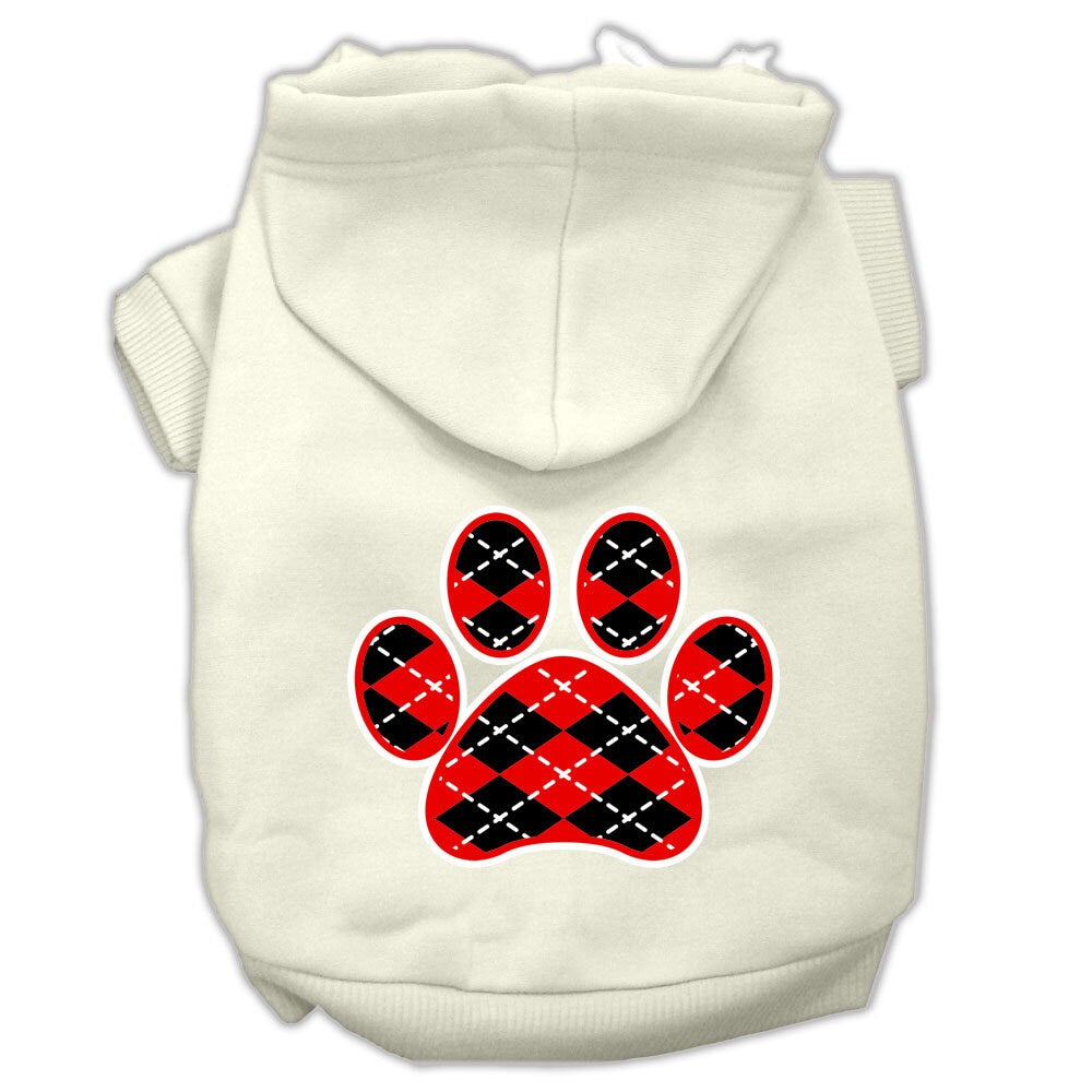 A cozy red argyle hoodie for dogs and cats, featuring a paw print design, perfect for stylish pet outings.