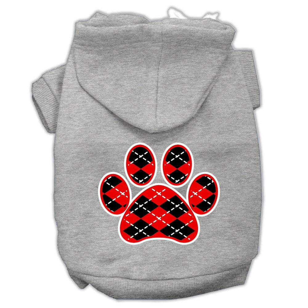 A cozy red argyle hoodie for dogs and cats, featuring a paw print design, perfect for stylish pet outings.