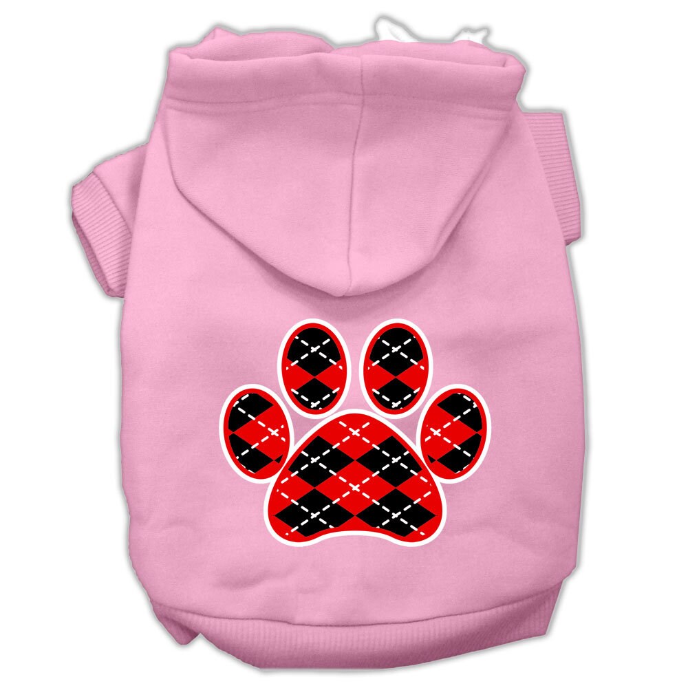 A cozy red argyle hoodie for dogs and cats, featuring a paw print design, perfect for stylish pet outings.