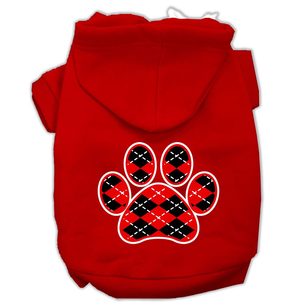 A cozy red argyle hoodie for dogs and cats, featuring a paw print design, perfect for stylish pet outings.