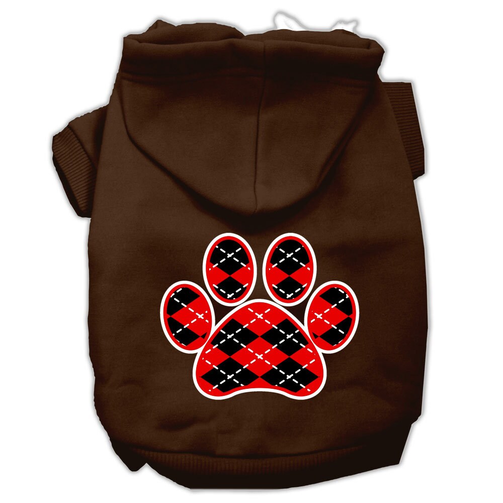 A cozy red argyle hoodie for dogs and cats, featuring a paw print design, perfect for stylish pet outings.