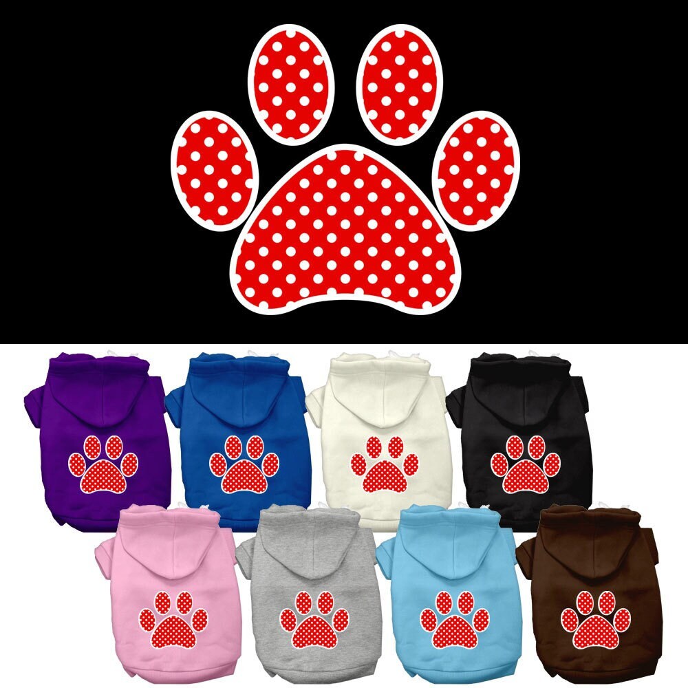 A cozy red hoodie for dogs and cats featuring a Swiss dots paw print design, perfect for stylish pet wear.
