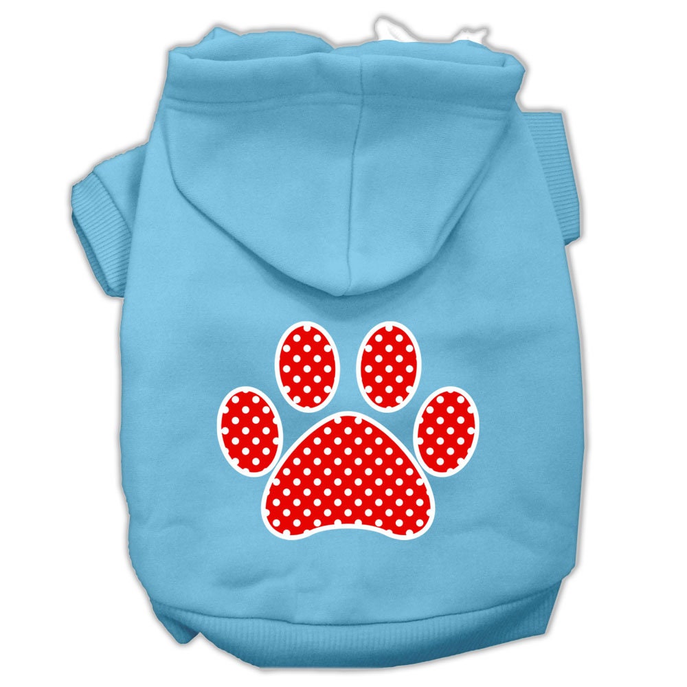 A cozy red hoodie for dogs and cats featuring a Swiss dots paw print design, perfect for stylish pet wear.