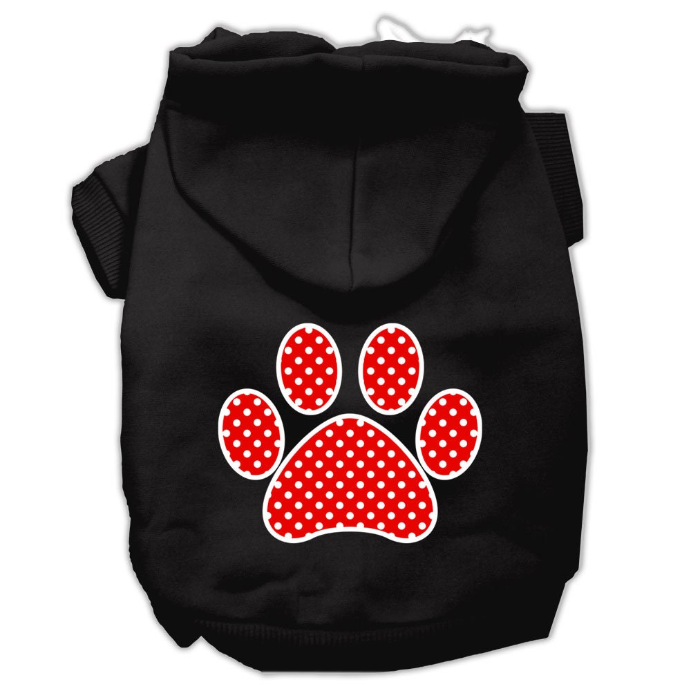 A cozy red hoodie for dogs and cats featuring a Swiss dots paw print design, perfect for stylish pet wear.