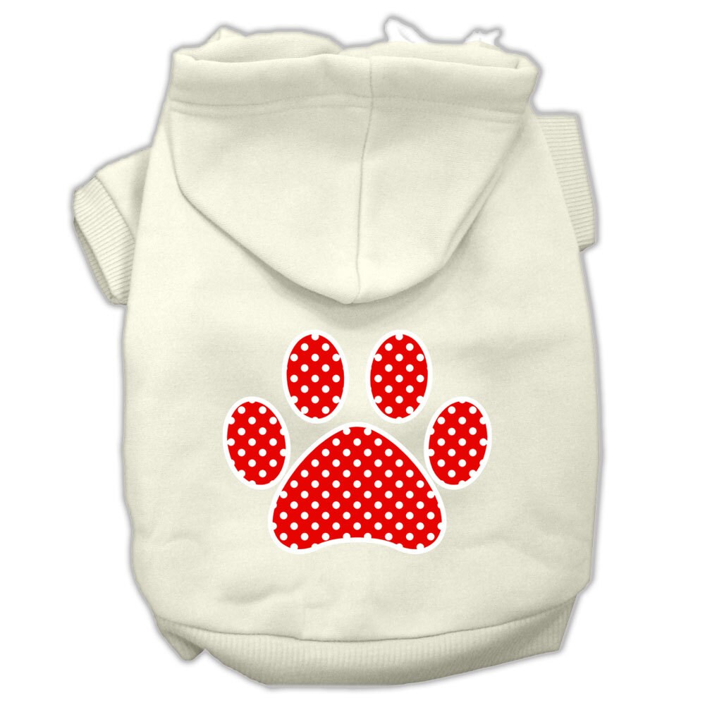 A cozy red hoodie for dogs and cats featuring a Swiss dots paw print design, perfect for stylish pet wear.