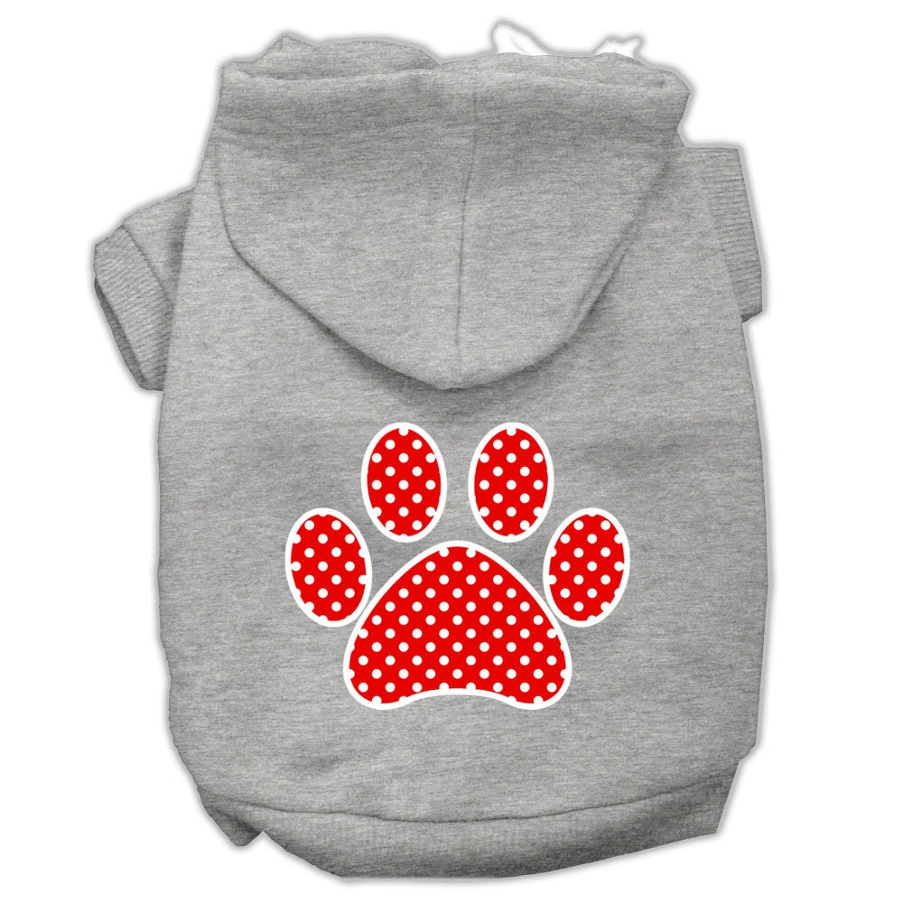 A cozy red hoodie for dogs and cats featuring a Swiss dots paw print design, perfect for stylish pet wear.