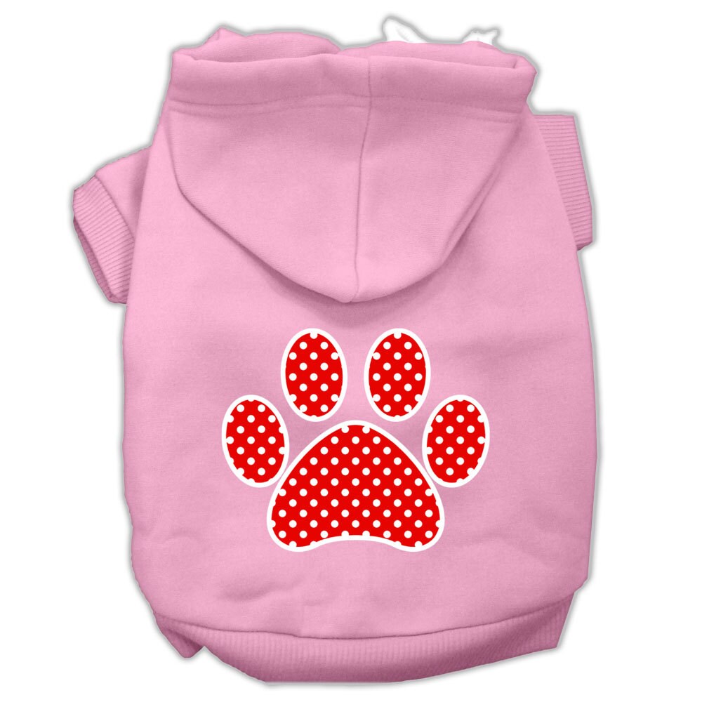 A cozy red hoodie for dogs and cats featuring a Swiss dots paw print design, perfect for stylish pet wear.