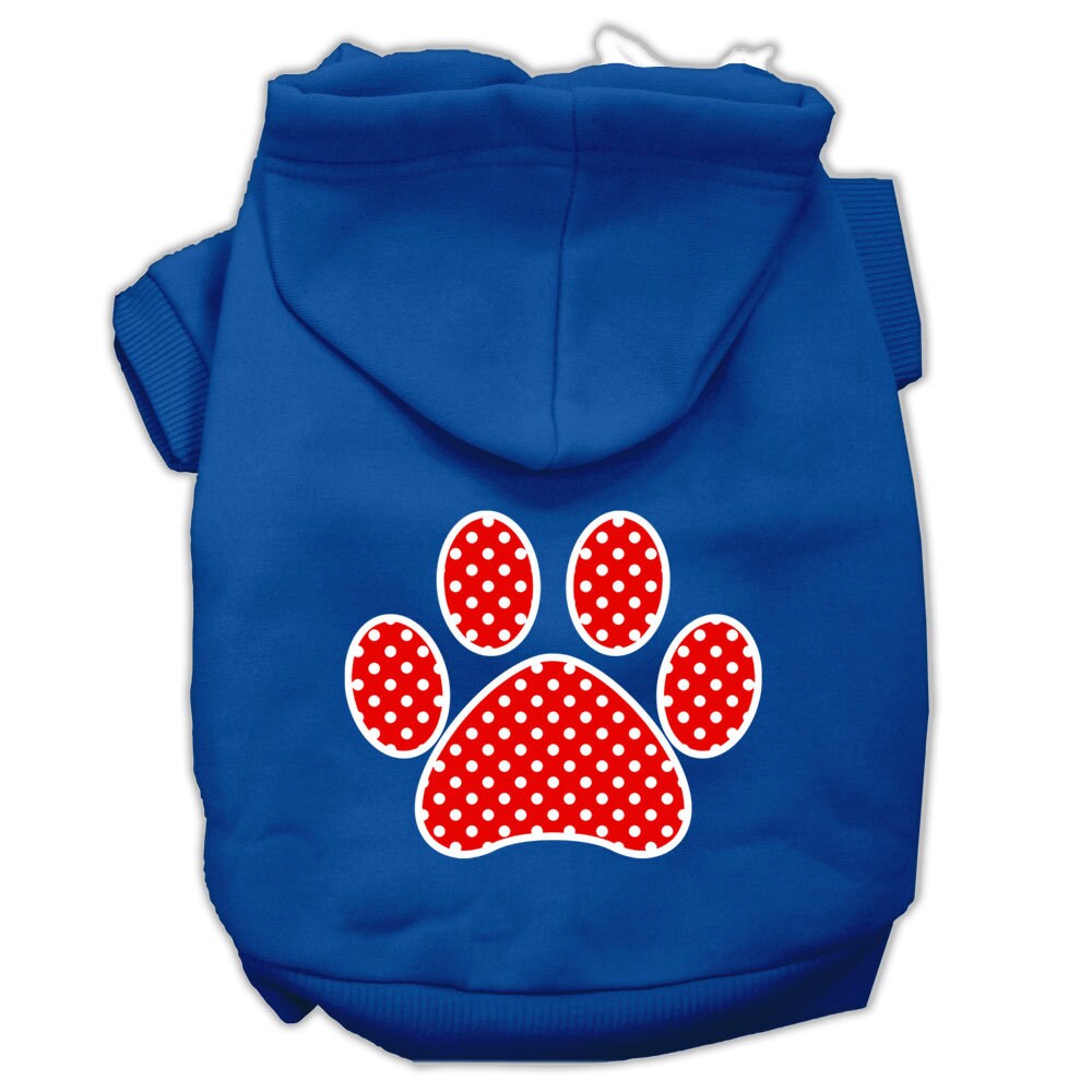A cozy red hoodie for dogs and cats featuring a Swiss dots paw print design, perfect for stylish pet wear.