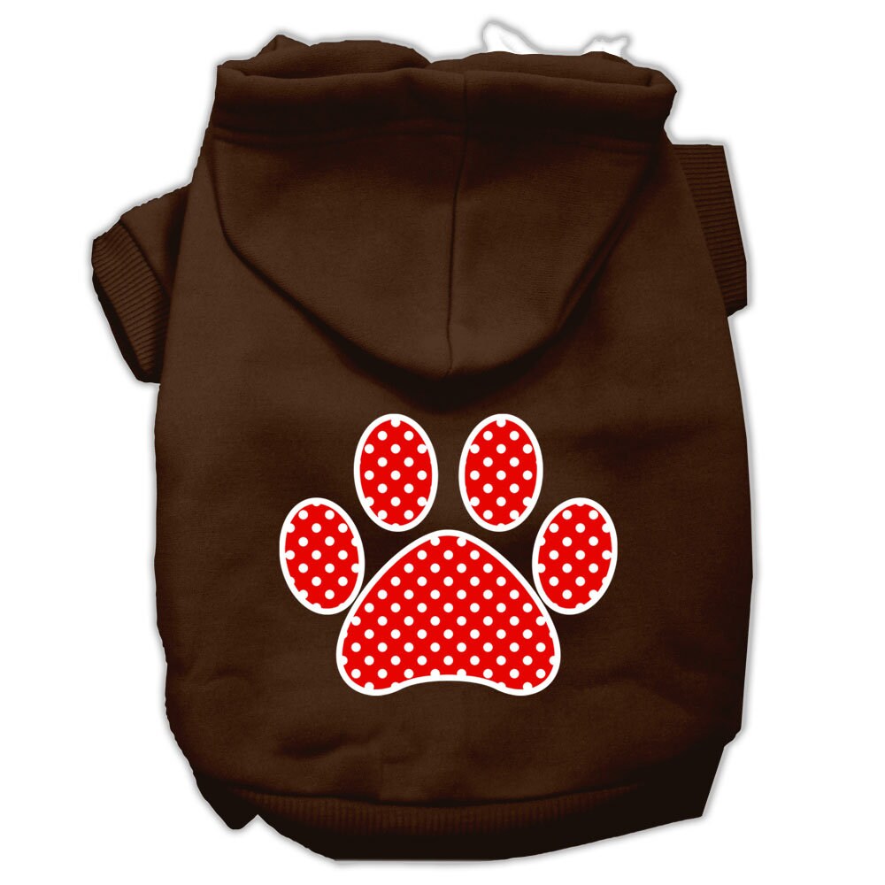 A cozy red hoodie for dogs and cats featuring a Swiss dots paw print design, perfect for stylish pet wear.