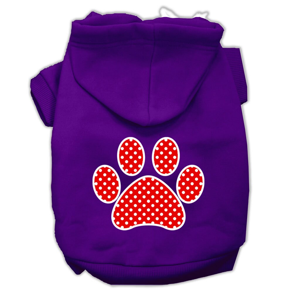 A cozy red hoodie for dogs and cats featuring a Swiss dots paw print design, perfect for stylish pet wear.