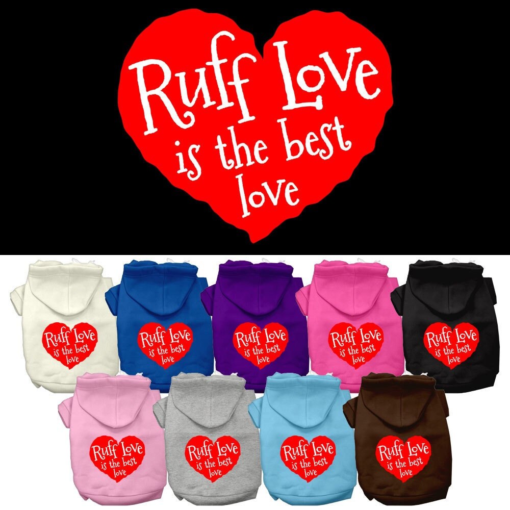 A cozy pet hoodie screen printed with 'Ruff Love', designed for dogs and cats, showcasing its soft fabric and durable stitching.