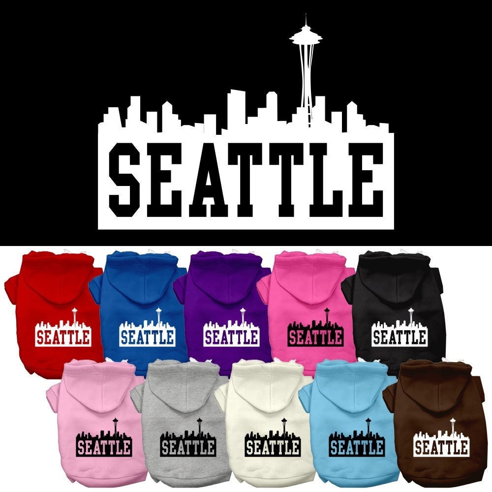 A cozy pet hoodie featuring a Seattle skyline print, designed for dogs and cats, showcasing its soft fabric and durable stitching.