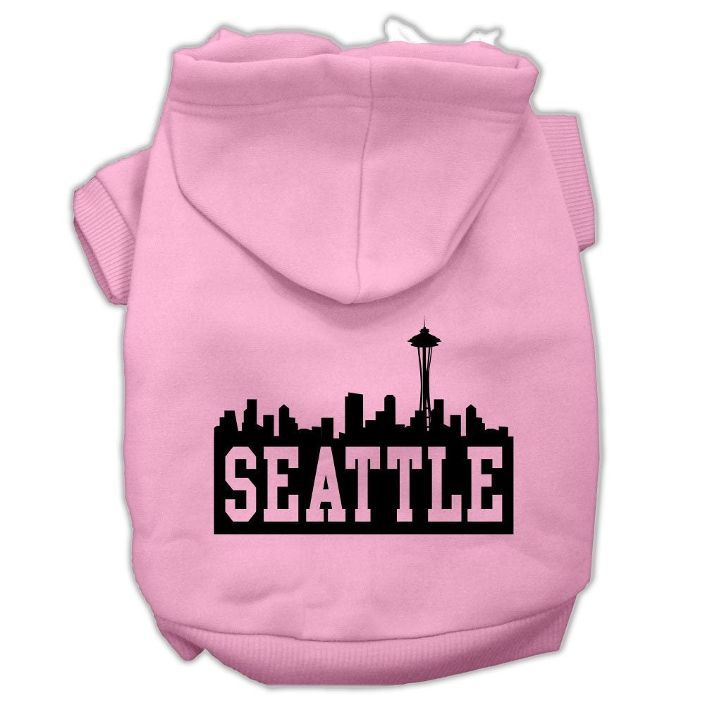 A cozy pet hoodie featuring a Seattle skyline print, designed for dogs and cats, showcasing its soft fabric and durable stitching.