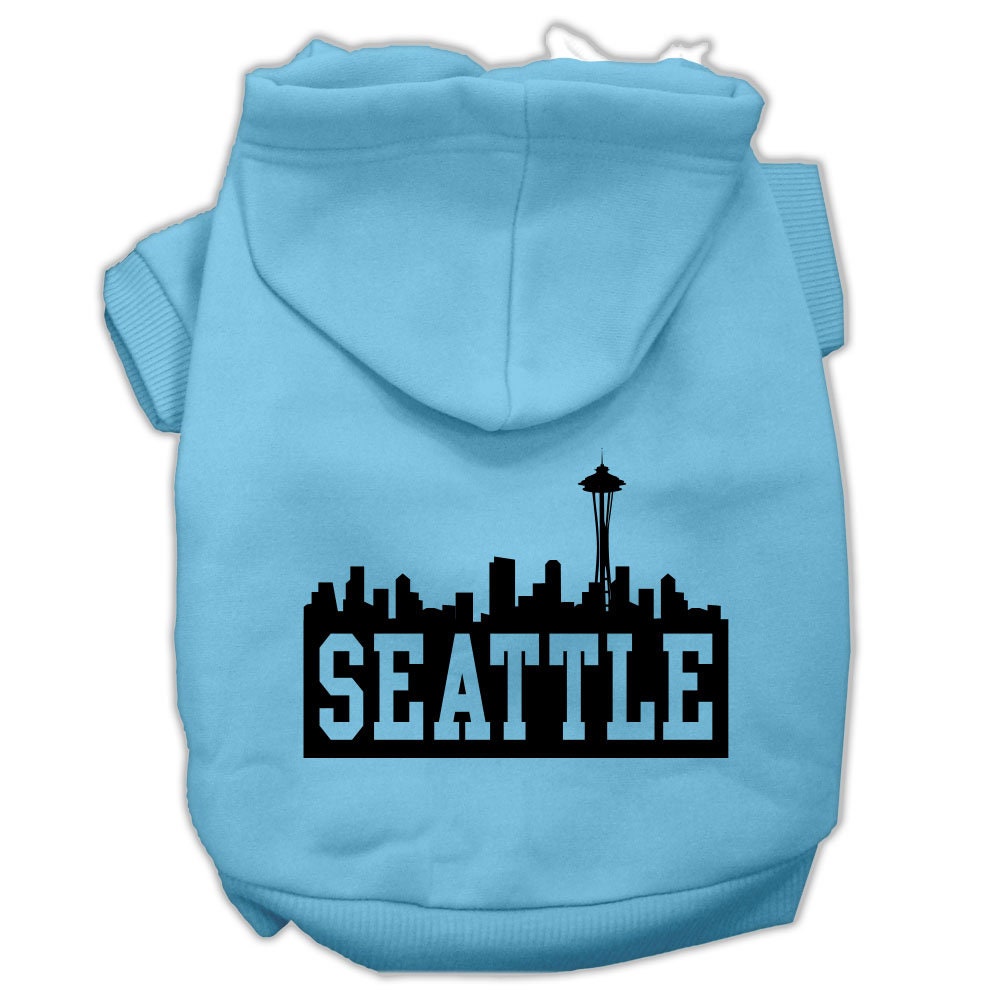 A cozy pet hoodie featuring a Seattle skyline print, designed for dogs and cats, showcasing its soft fabric and durable stitching.