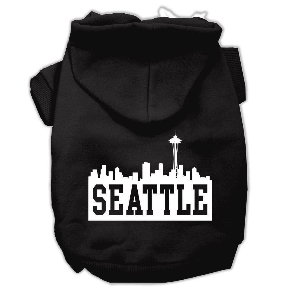 A cozy pet hoodie featuring a Seattle skyline print, designed for dogs and cats, showcasing its soft fabric and durable stitching.