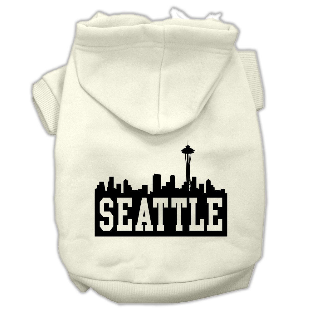 A cozy pet hoodie featuring a Seattle skyline print, designed for dogs and cats, showcasing its soft fabric and durable stitching.