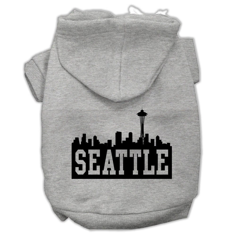 A cozy pet hoodie featuring a Seattle skyline print, designed for dogs and cats, showcasing its soft fabric and durable stitching.