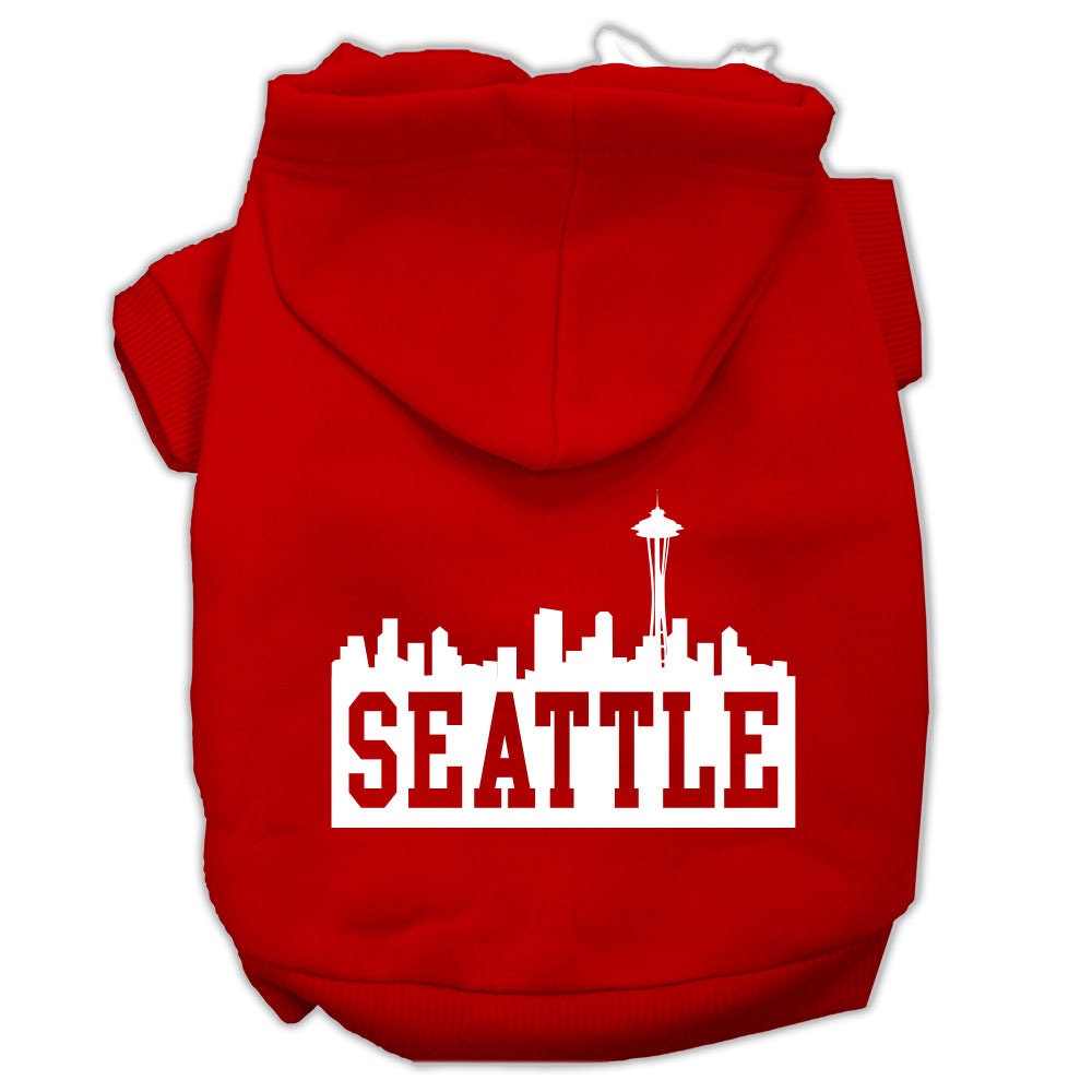 A cozy pet hoodie featuring a Seattle skyline print, designed for dogs and cats, showcasing its soft fabric and durable stitching.