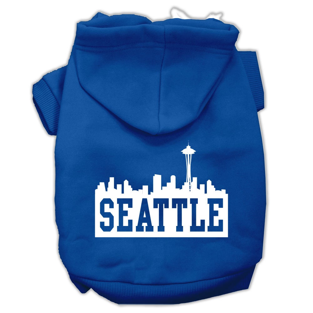 A cozy pet hoodie featuring a Seattle skyline print, designed for dogs and cats, showcasing its soft fabric and durable stitching.
