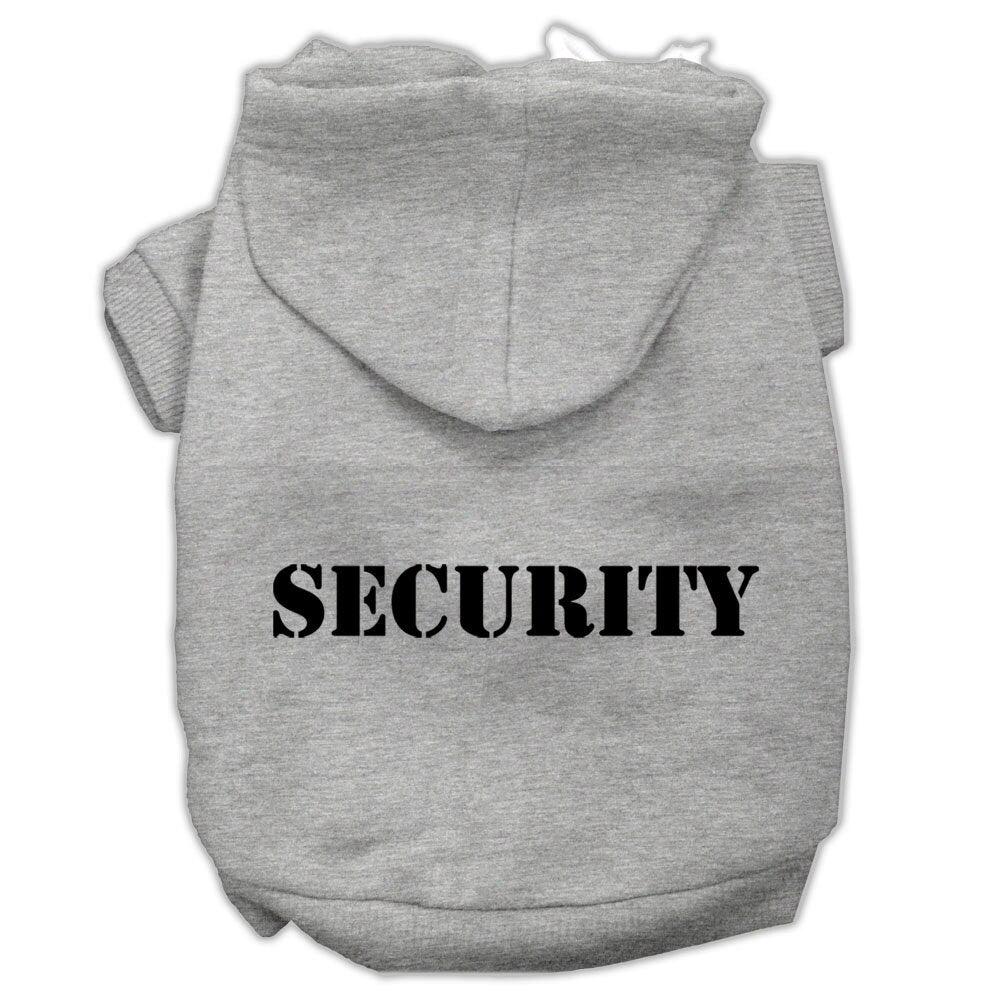 A cozy pet hoodie for dogs and cats, featuring a screen-printed 'Security' design, made from soft cotton-polyester blend.